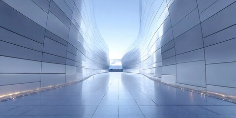 Poster - 青白いトーンの未来的な幾何学的な建築物のインテリア デザインは、クリーンなラインとミニマリスト構造を特徴としています