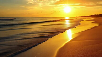 Poster - Relaxing sunset over the ocean with gentle waves lapping against the golden shore at a tranquil beach retreat in the early evening