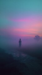 Wall Mural - Mysterious silhouette figure standing alone in a foggy landscape at dusk with vibrant colors in the sky and soft, ethereal atmosphere of nature