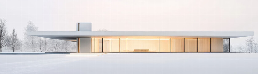 Aufkleber - Modern Architectural Minimalism: A sleek, minimalist building, characterized by clean lines, large glass panels, and a flat roof, stands as a beacon of modern design amidst a serene.