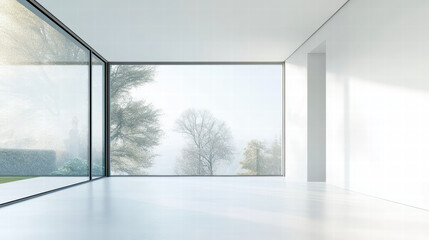 Aufkleber - Modern Minimalist Interior Design: Expansive windows showcase a serene winter landscape, framing a pristine minimalist interior design with clean lines and spacious floor plan.