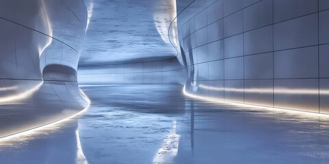 Aufkleber - 抽象的な未来的な銀色の内装 空の幾何学的な構造 ライトリフレクションとグラデーション 壁と床と天井のある現代的なデザインとアーキテクチャ