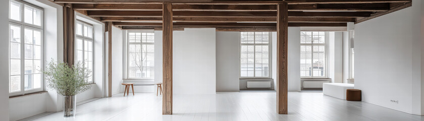 Aufkleber - Modern Loft Interior Design: An expansive modern loft interior, boasting a minimalist design with wooden beams and natural light from large windows, creating a spacious and inviting atmosphere.