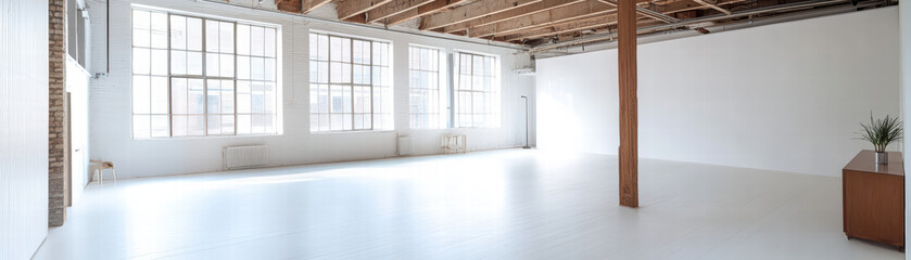 Aufkleber - Minimalist Architecture: A modern, airy space, bathed in natural light streaming through expansive windows, embodies the essence of design and architectural simplicity.