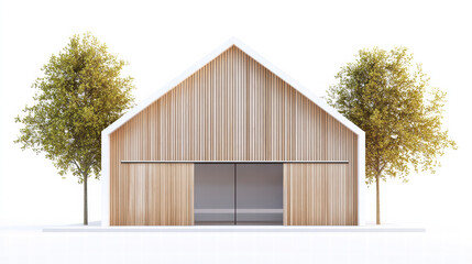 Aufkleber - Modern Barn with Trees: This architectural photograph presents a contemporary wooden barn, its natural wood facade exuding warmth, accompanied by two stylized trees.