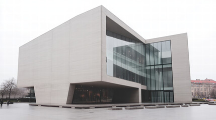 Aufkleber - Modern Architectural Marvel: A striking contemporary building showcases minimalist design with expansive glass windows, reflecting the urban surroundings in a display of modern architecture.