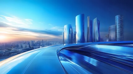 Aufkleber - 青色の未来的都市景観と高層ビル群 テクノロジーが光る抽象的な背景デザイン
