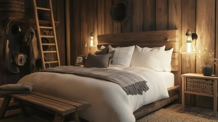 Poster - Cozy bedroom with a single bed and wooden ladder, great for small spaces or minimalist decor