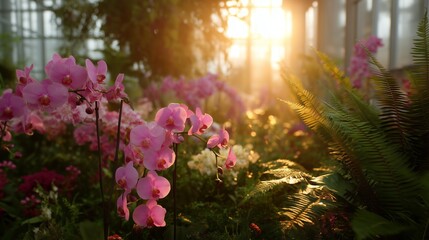 Poster - orchids bloom under warm sunlight in a vibrant greenhouse filled with lush greenery
