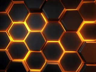 Aufkleber - オレンジ色のライトとブラックの六角形ハニカムパターンを持つ抽象的な未来的な背景デザイン