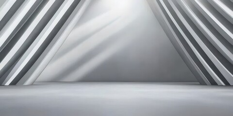 Poster - 抽象的な白いコンクリートの背景に幾何学的なパターンと光の効果が組み合わさり建築的なミニマリズムを示しています