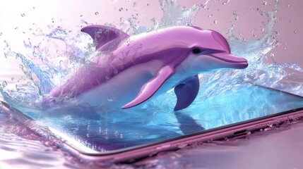 Poster - タブレット上に飛び出す紫色のイルカと水のしぶき デジタル技術の革新を示す抽象的な3Dレンダリング