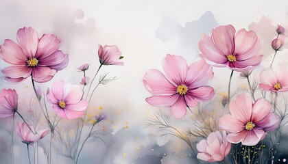 pink cosmos flowers in watercolor with soft grey background