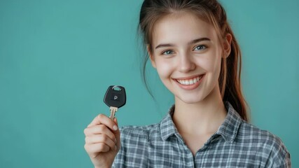 Poster - A woman is seen holding a car key in her hand, possibly preparing to start the vehicle