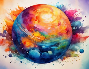 vibrant watercolor planet in bright colors