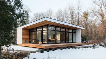 Aufkleber - Contemporary Minimalist Home: A sleek, modern house design with expansive glass windows that provides panoramic views of a winter landscape, embodying architectural elegance.