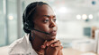 © FremtonClay/peopleimages.com - Black woman, consultant or concern with headset at call center for bad news or difficult customer. Female person, agent or employee thinking with mic in worry for negative feedback or error at office
