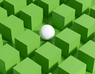 Poster - White Sphere Amidst Green Cubes Minimalist 3D Geometric Design
