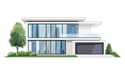 Aufkleber - Modern Architectural Gem: A meticulously crafted illustration of a modern house showcasing sleek lines, expansive glass windows.