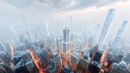 Poster - ピクセル化された都市景観、青とオレンジの光、幾何学的な摩天楼、抽象的な都市デザイン、未来的な都市景観、創造的なデジタルアート