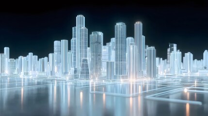 Poster - ライトブルーの輝く高層ビル群が水面に反射する未来的な都市のスカイラインの3Dレンダリング