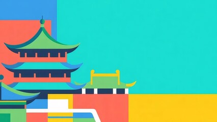 Aufkleber - 緑と青の幾何学的な中国建築の背景のイラストレーション