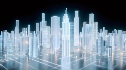 Aufkleber - 光沢のある透明な青と白の未来的な都市のスカイライン 3D レンダリングと黒い背景