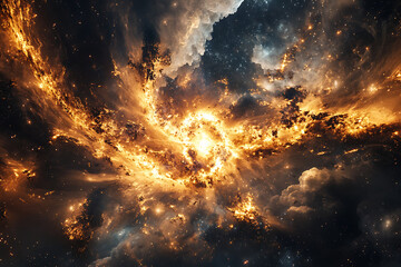 a swirling nebula of golden light and dark clouds in a vast starry expanse of the universe