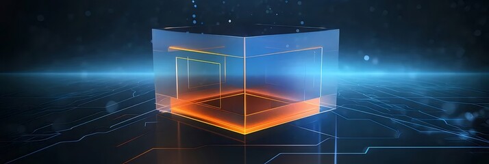 Aufkleber - 抽象的な透明な立方体構造と青い照明効果を持つ未来的なテクノロジー背景のデザイン