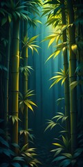 Poster - Lush Bamboo Illustration, Radiating Vitality, Leaves Glowing In Ethereal Light, Shadows Adding Depth. Natural Beauty Abounds. A Calming Composition. Simple And Graceful.