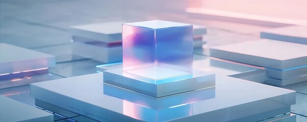 Poster - ペールトーンの背景に配置された正方形の抽象的なキューブデザイン 未来的なテクノロジーアートのグリッド装飾