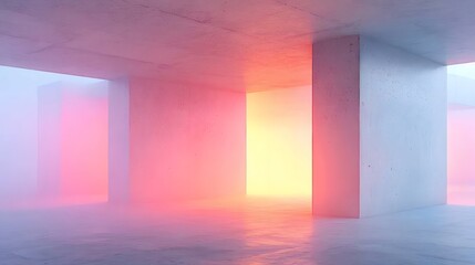 Aufkleber - 抽象的なコンクリート建築 インテリア空間 ミニマリスト デザイン 明るいライトと幾何学的な形状が特徴の屋内構造と通路 ピンクと黄色の光が照らす未来的な構造
