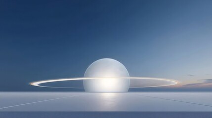 Aufkleber - 空と海に浮かぶ白い球体とリング 穏やかな水面に反射する太陽光と鳥のシルエット