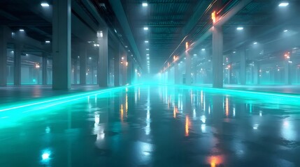 Poster - ライトブルーの照明と反射を持つ広い産業倉庫のインテリア 抽象的なテクノロジー空間 未来的な建物構造と物流