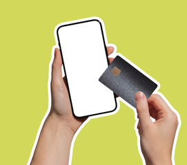 Poster - Hand holding a smartphone displaying a bank card for online payment. Mobile technology for cashless