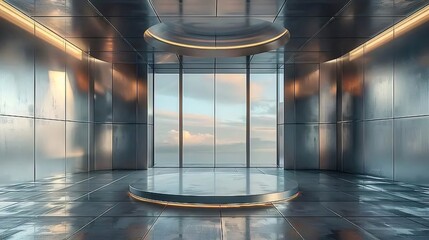 Poster - 銀色の未来的な部屋 窓から見える空と雲が広がるパノラマ 銀色の壁と床に反射する光沢 現代的なインテリアデザイン