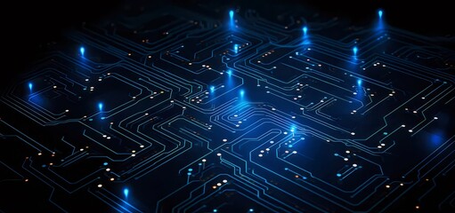 Aufkleber - 青色の光るノードと接続を備えた複雑なマザーボード回路の抽象的なクローズアップ ビュー