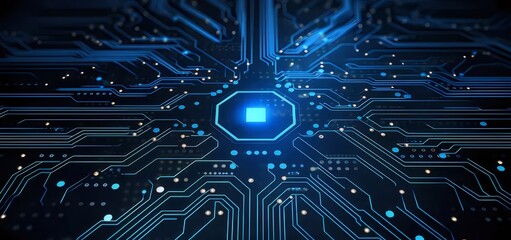 Aufkleber - 青色の電子回路基板の抽象的な背景 未来的な技術のデジタルネットワーク接続システム データ通信デザインの詳細 マイクロチップテクノロジーの革新