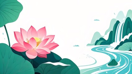 Aufkleber - ピンクの蓮の花とターコイズブルーの川が流れる山のイラストと蓮の葉の背景