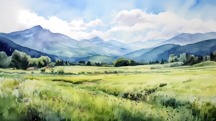 Poster - 緑豊かな牧草地と山々が広がる穏やかな水彩画の風景 青い空と白い雲が背景の素朴な景色