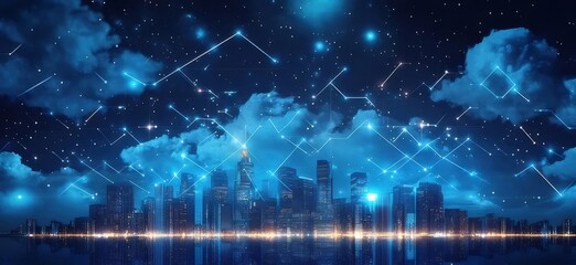 Aufkleber - 青いネットワークドットの上の高層ビル群と反射する都市景観を持つ未来的な都市スカイライン