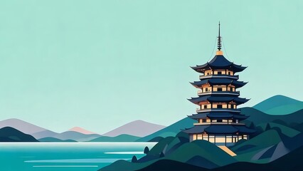 Poster - 湖畔の緑豊かな山々と穏やかな水面に映る伝統的な日本建築の塔のピクセルアートの風景