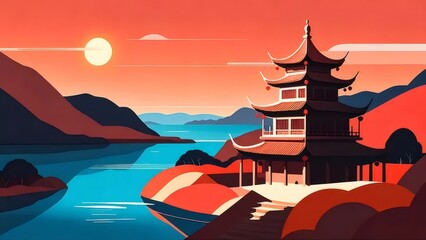 Poster - 赤い空の下の湖畔に立つ伝統的な東洋の建物 ピクセルアートスタイル