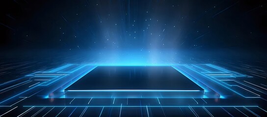 Aufkleber - 青色のライトとドットが特徴の抽象的なテクノロジーの背景 デザイン コンセプト デジタル世界 未来的なイノベーションと接続性を表現