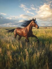 Poster - 草原を疾走する茶色の馬、青空と雲のある風景、夏の夕暮れ時の自然光