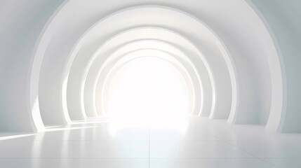 Poster - 白い建築トンネル 幾何学的なアーチ型構造のミニマリストのインテリアデザイン 明るい光と滑らかな壁 未来的な空間の3Dパースペクティブ