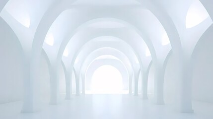 Poster - 白いアーチ型の天井と柱がある明るい未来的な廊下のインテリア ミニマルなデザインと構造