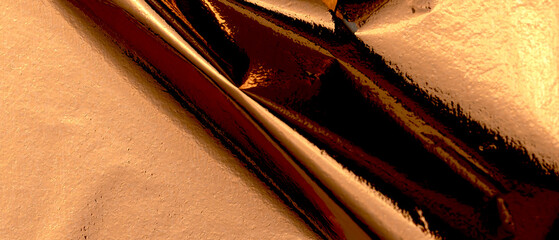 Poster - Elegant bronze foil texture with a glossy, holographic finish. Wrinkled, creased folds creating a