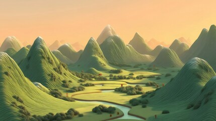 Poster - 緑豊かな谷と川が蛇行するパステルカラーの山岳風景 3Dピクセルアート背景