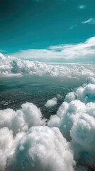Wall Mural - Aerial View of Expansive Bright Clouds Under a Clear Blue Sky with Soft Light Casting Shadows Over a Local Urban Landscape Below